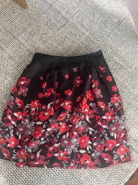 Floral A-Line Skirt in Black with Red and Gray Blooms